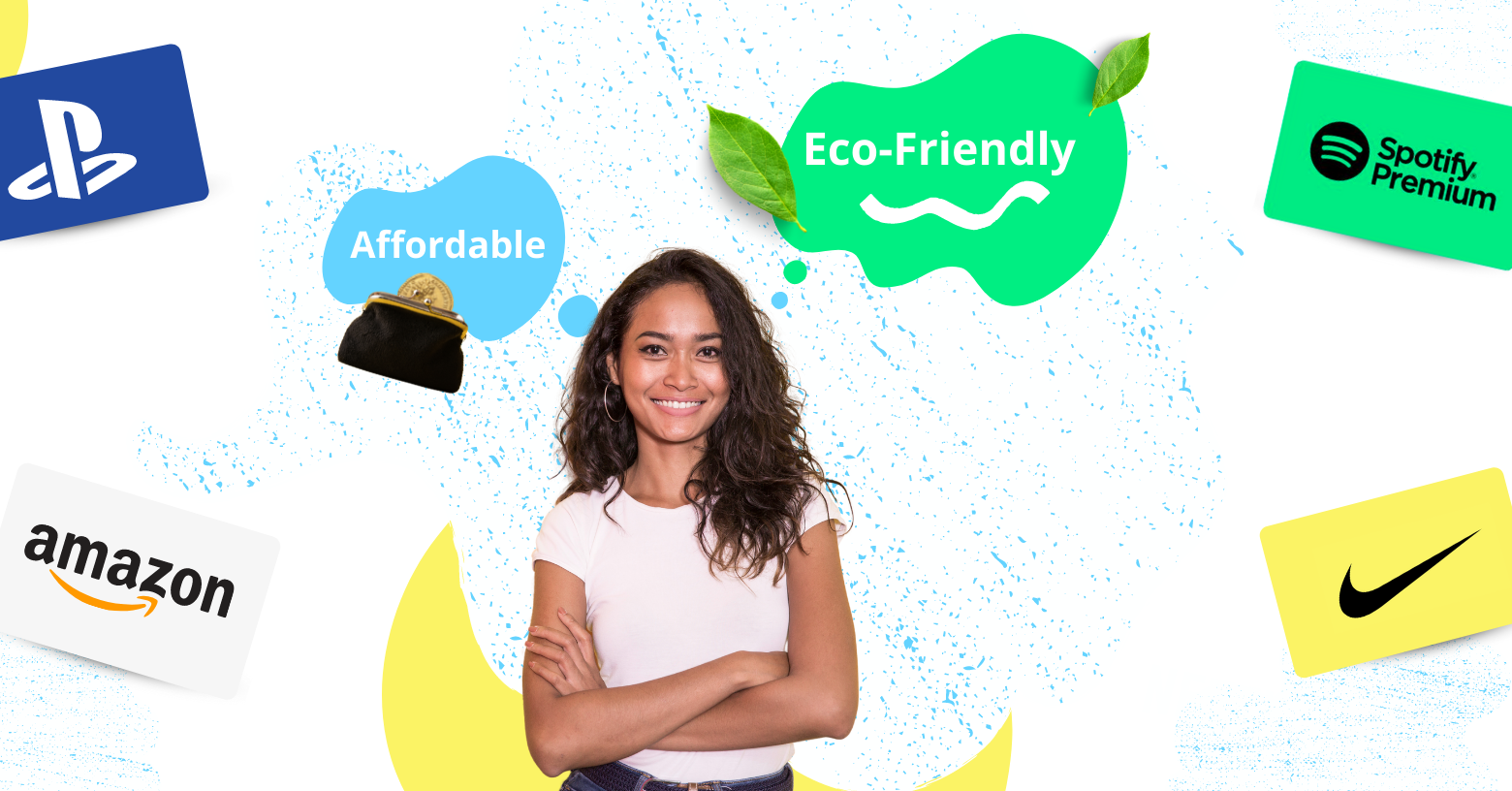 Girl with folded arms, smiling with affordable and ecofriendly benefits of egift to reward employees