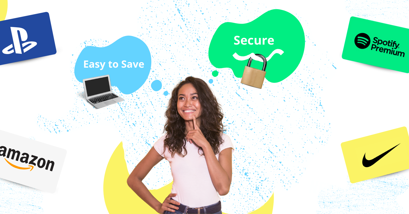 Image with happy girl thinking about Easy to save and Secure features of Digital Gift Cards