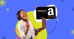 Woman celebrating Amazon gift card