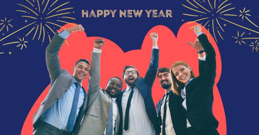 Employees raising their hand in celebration of new year