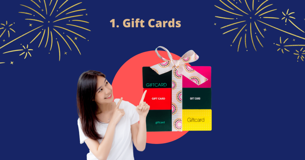 New year gifts for employees - Happy woman pointing towards digital gift cards