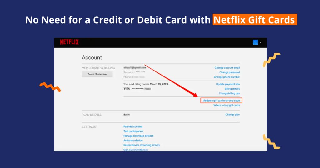 Netflix Gift Cards - desktop screenshot with proof of no need for credit/debit cards
